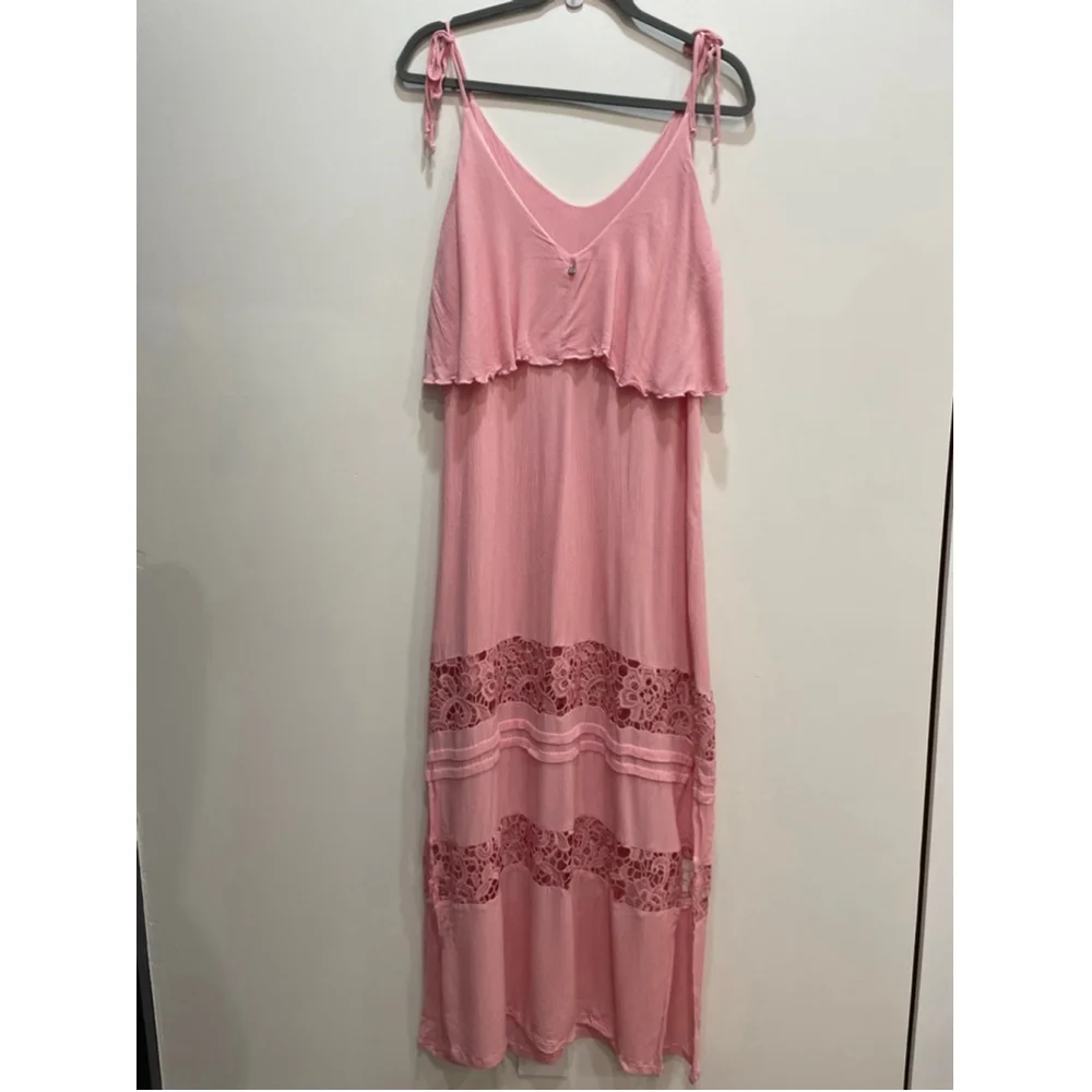 Amiani Tiered Pink Maxi Dress Lace Crochet XL Lightweight Rayon Resort Wear - Picture 7 of 11